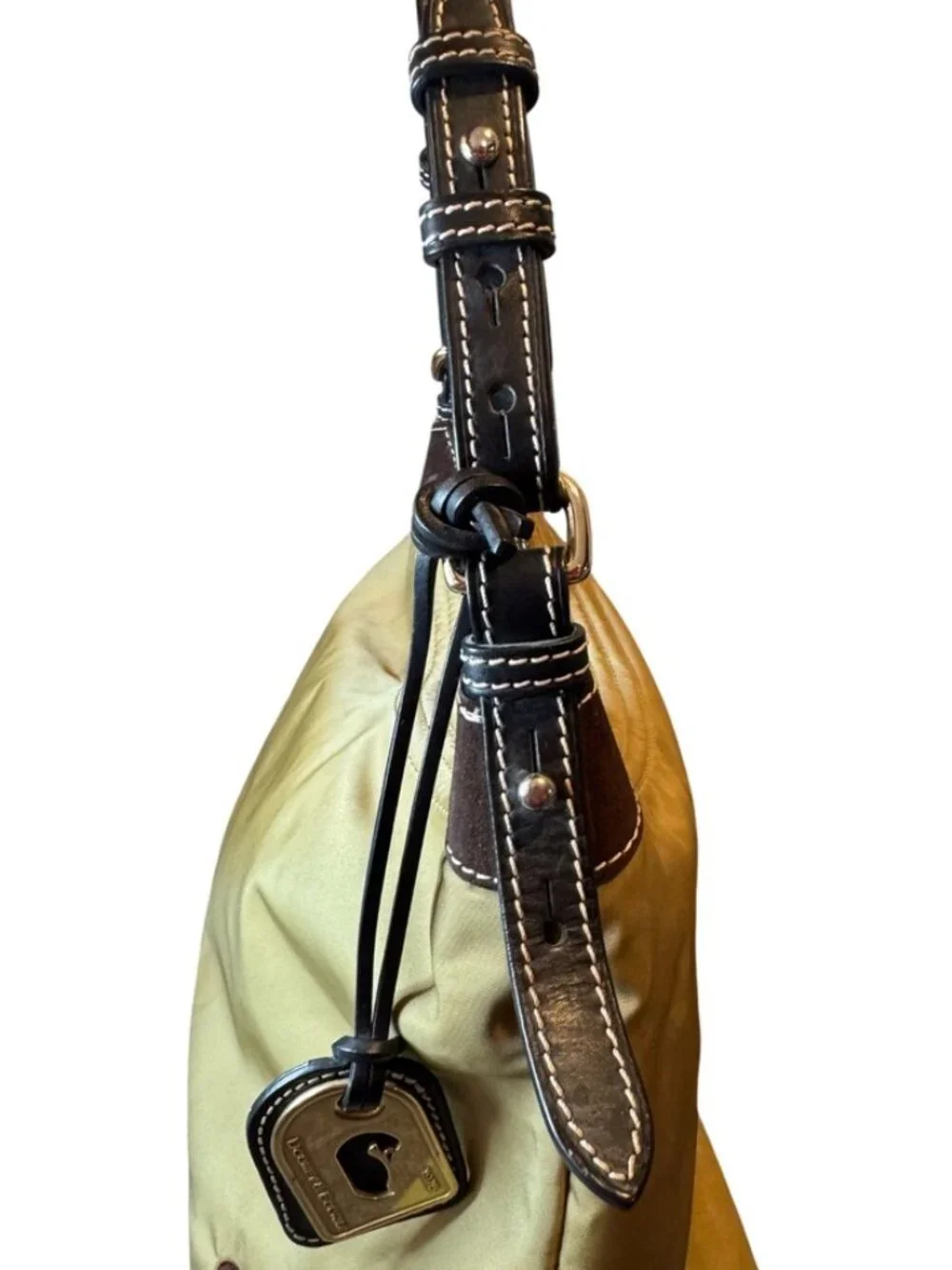 Dooney & Bourke Erica Large Hobo Bag Gold Nylon Brown Suede Trim Shoulder Bag